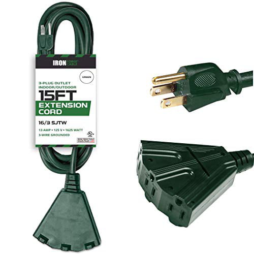 25 Ft Extension Cord with 3 Outlets UL Listed 16/3 SJTW 3-Wire Grounded Green 
